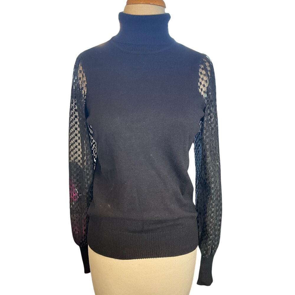 Romantic Marled Turtleneck Sweater Sheer Lace Sleeves Black SM Elegant Knit Top